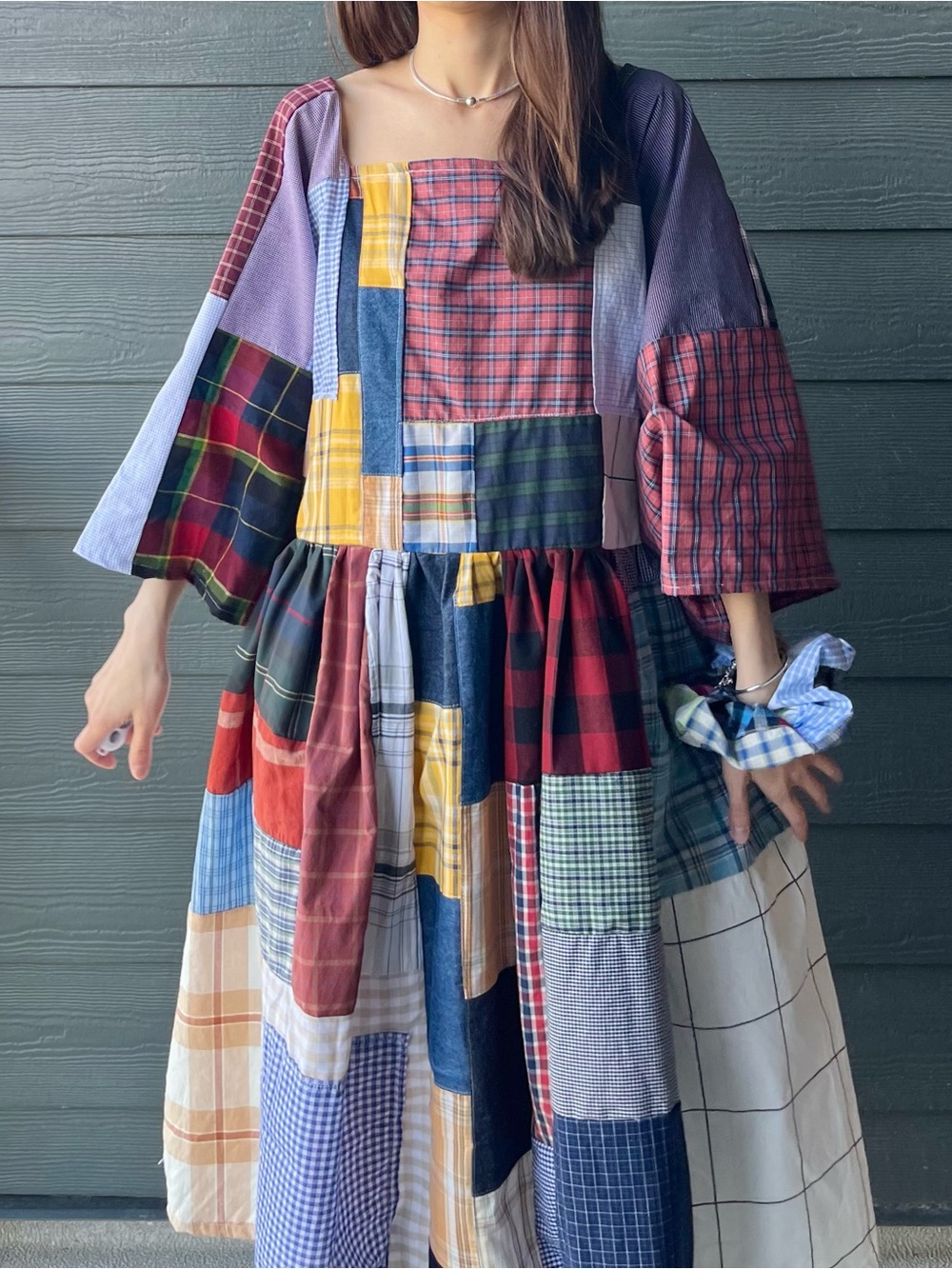 Handmade Quilted Patchwork Plaid Dress SKU 06155 With Matching Scrunchies - Picture 6 of 16